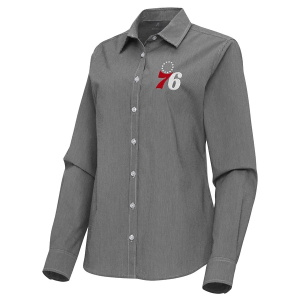 Women's Philadelphia 76ers Porter Woven Antigua Long Sleeve Button Up Small Black/White
