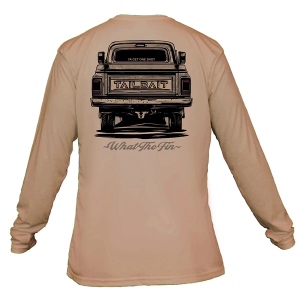 Men's What The Fin Tailbait Tailgate Performance Long Sleeve T-Shirt Small Tan