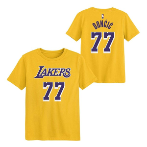 Kids' Los Angeles Lakers Luka Doncic #77 Flat Name & Number Genuine Stuff T-Shirt 4 Yellow