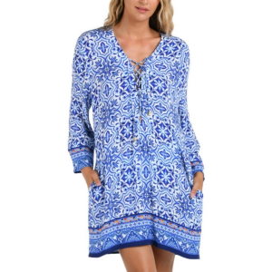 Women's La Blanca V-Neck Caftan Dress Swim Cover Up Large Alboran Sea