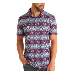 Men's Rock & Roll Denim Navy Aztec Print Polo XLarge Blue