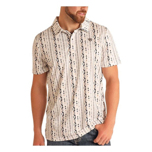 Men's Rock & Roll Denim Striped Aztec Print Polo Medium Natural