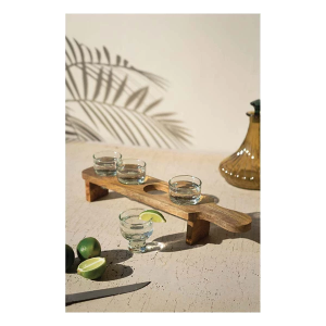 Kalalou Tequila Flight with Four Glasses on a Wooden Tray