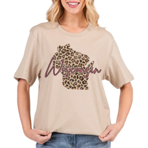 Women's A. Blush Wisconsin Leopard T-Shirt Small Tan