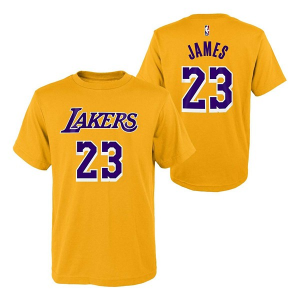Kids' Los Angeles Lakers LeBron James #23 Flat Name & Number Nike T-Shirt Large Yellow