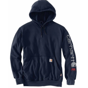 Men's Carhartt Flame Resistant Force Loose Fit Midweight Logo Sleeve Graphic Work Hoodie Large Tall Navy