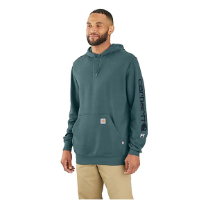 Men's Carhartt Flame Resistant Force Loose Fit Midweight Logo Sleeve Graphic Work Hoodie Large Sea Pine