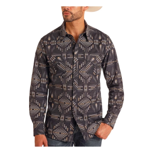 Men's Rock & Roll Denim Aztec Print Long Sleeve Button Up Shirt Medium Black