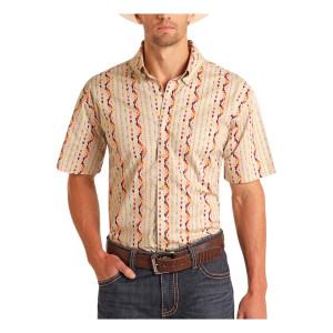 Men's Rock & Roll Denim Striped Aztec Print Button Up Shirt XLarge Natural