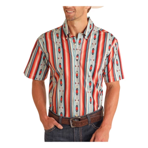 Men's Rock & Roll Denim Striped Aztec Print Button Up Shirt 2XLarge Red