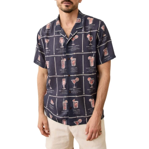 Men's Marine Layer Archive Tencel Linen Resort Button Up Shirt 2XLarge Navy Happy Hour Print