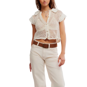 Women's Free People Lily Crochet Shirt Medium Coconut Milk