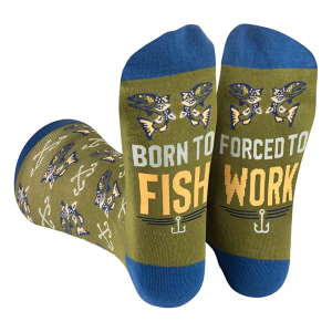Men's Lavley "Born to Fish, Forced to Work" Crew Fishing Socks One Size Green/Blue Singles