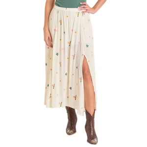 Women's Rock & Roll Denim Embroidered Skirt Large Natural