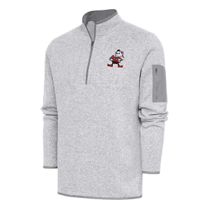 Cleveland Browns Antigua 'Hands on Hips Brownie'' Classic Fortune Long Sleeve 1/4 Zip 4XLarge Light Grey Heather