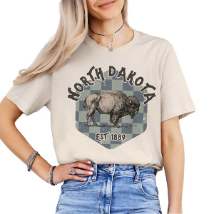 Women's A. Blush North Dakota Checkered Bison T-Shirt Small Tan
