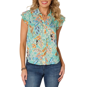 Women's Democracy Double Flutter Sleeve Ruffle Edge Blouse Small Light Turquoise Multi