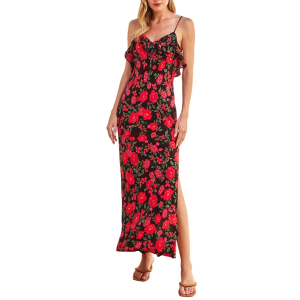 Women's DRESS FORUM Hearts On Fire Ruffled Neckline Open Back Maxi Shift Dress Small Nightfall Camellia