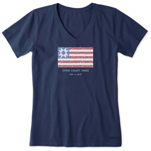 Women's Life is Good Home Sweet Home Quilted Flag T-Shirt Large Darkest Blue