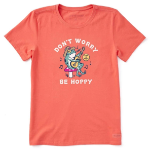 Women's Life is Good Don't Worry Frog Guitar T-Shirt Small Mango Orange