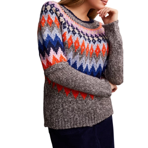 Women's Tribal Pullover Sweater Intarsia Ribbed Medium Grey Mix