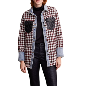 Women's Tribal Denim And Faux Leather Long Sleeve Shacket Large Scarlet