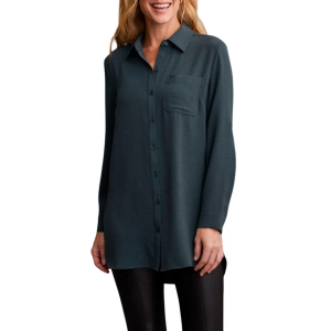 Women's Tribal Pebbled Crepe Tunic Long Sleeve Button Up Shirt Medium Alpine Green