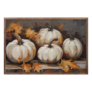 Kendrick Home Four White Pumpkins With Leaves Black Sign