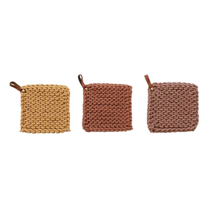 Creative Co-Op Cotton Crocheted Pot Holder w/ Leather Loop (Colors May Vary)