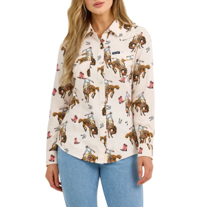 Women's Wrangler Bold Bucking Cowboy Western Snap Long Sleeve Button Up Shirt Small Cowboy/Cream