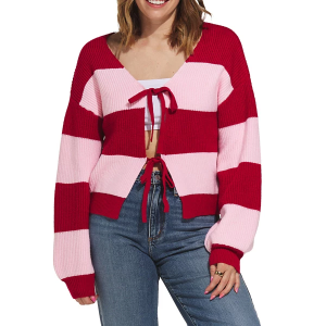 Women's Gilli Cardigan Front Tie Stripe Small Pink Red