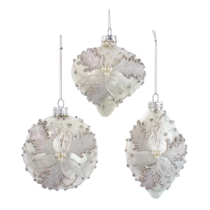 Kurt S. Adler 100MM Glass Silver and White Frosted Holly Ball, Drop & Finial Ornament (Styles May Vary)