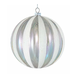 Kurt S. Adler 100MM Plastic Iridescent & Glittered Clear White Stripe Ball Ornament