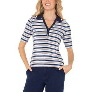 Women's Liverpool Los Angeles Shirred Knit Henley XLarge Blue Mlt Stripe