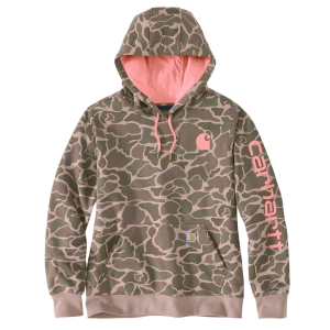 Women's Carhartt Relaxed Fit Midweight Logo Sleeve Graphic Printed Hoodie Small Soft Sepia Vintage Camo