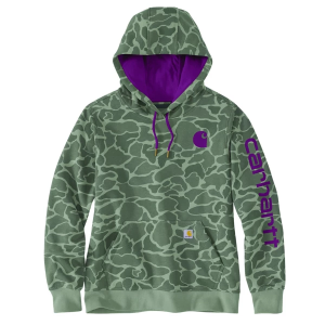 Women's Carhartt Relaxed Fit Midweight Logo Sleeve Graphic Printed Hoodie XSmall Dusty Olive Vintage Camo