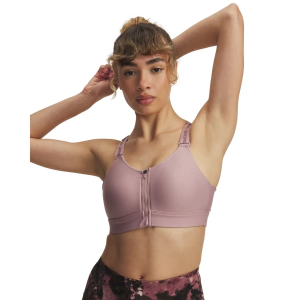 Women's Under Armour Infinity 2.0 High Zip Sports Bra Small A-C Tourmaline Pink / City Khaki / White