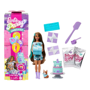 Barbie Party Unboxed Pet Birthday Series Doll & Accessories, Party Stars Set With 10 Surprises