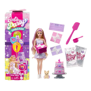 Barbie Party Unboxed Pet Birthday Series Doll & Accessories, Party Stars Set With 10 Surprises