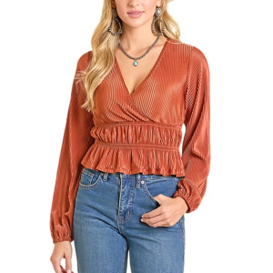 Women's Rock & Roll Denim Plisse Long Sleeve Shirt Large Scarlet