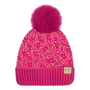 Kids' C.C Sequin Fur Pom Beanie One Size Hot Pink