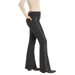 Women's Rock & Roll Denim Side Seam Embroidered Bootcut Jeans Black 24 32