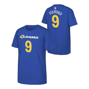 Kids' Los Angeles Rams Genuine Stuff Matthew Stafford #9 Mainliner Name & Number T-Shirt Small Royal