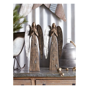 Melrose International Rustic Wood Sentiment Angel with Galvanized Metal Wings (Set of 2)