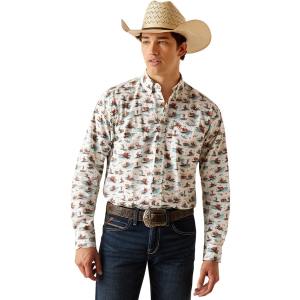 Men's Ariat Wrinkle Resist Surfing Longhorn Western Aloha Stretch Classic Fit Long Sleeve Button Up Shirt Medium White