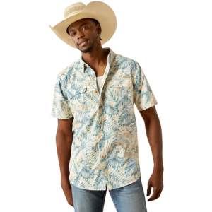 Men's Ariat VentTEK Outbound Fitted Button Up Shirt Small Khaki Palm Print