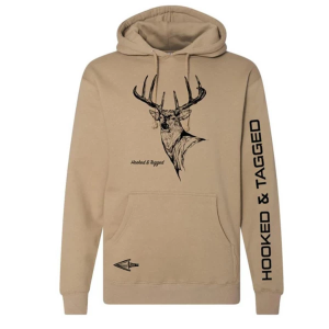 Men's Hooked And Tagged Buck Hunting Hoodie Small Sand