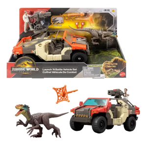 Jurassic World Rebirth Launch n' Battle Vehicle with 1 Human and 1 Raptor