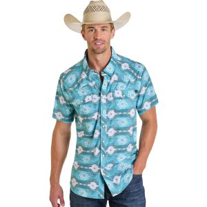 Men's Rock & Roll Denim TEK Western Turquoise Aztec Button Up Shirt Medium Turquise