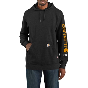 Men's Carhartt Flame Resistant Force Loose Fit Midweight Logo Sleeve Graphic Work Hoodie Large Black